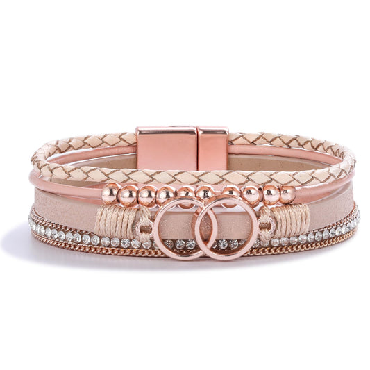 FANCY SHINY Boho Leather Wrap Bracelet Stackable Beaded Infinity Chunky Cuff Bracelets with Magnetic Clasp Western Hippie Outfits Jewelry Gifts for Women(Rose Gold)