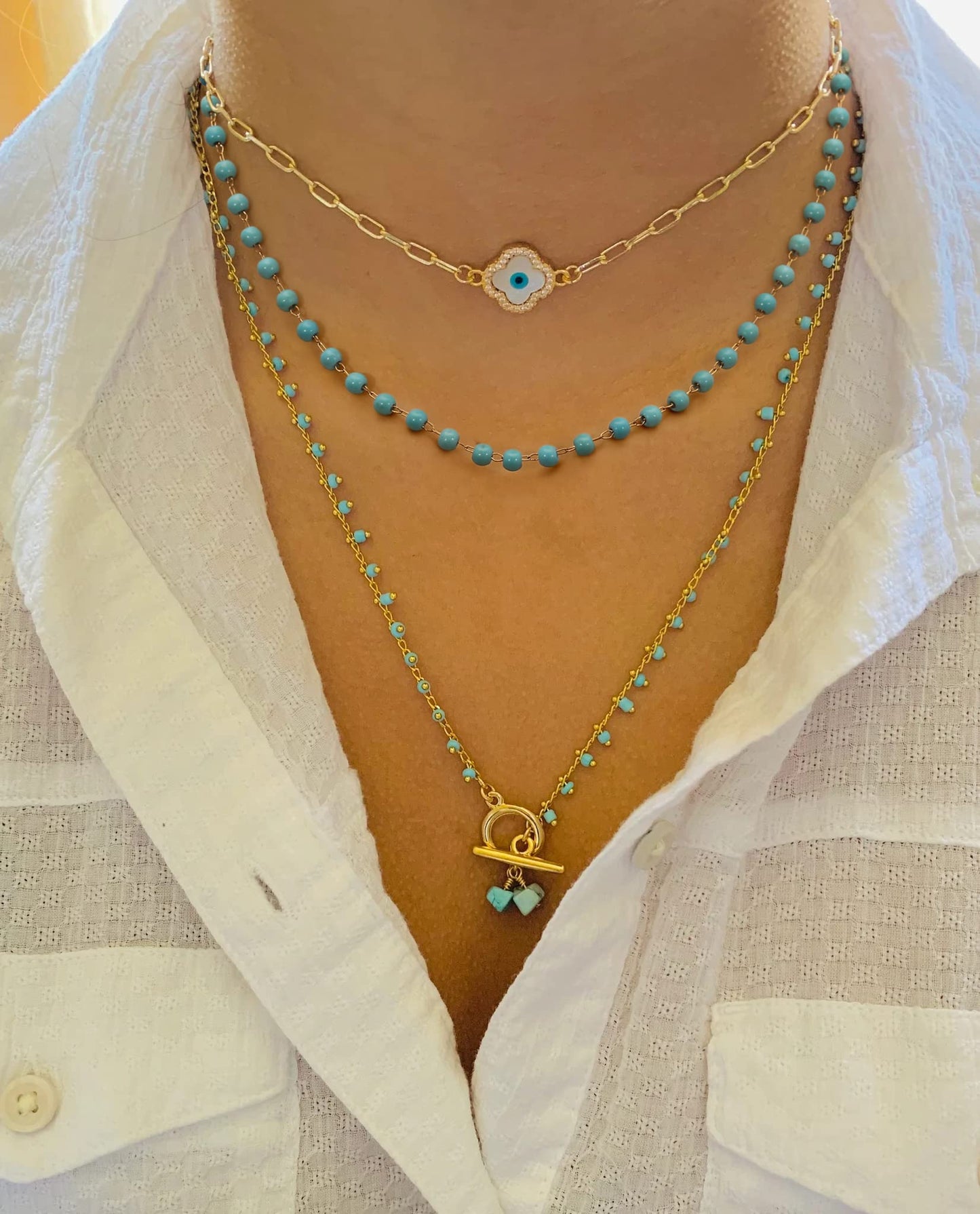 POTESSA Turquoise Beaded Choker Necklace 18K Gold Plated Beaded Tiny Chain Bohemian Hawaiian Jewelry for Women