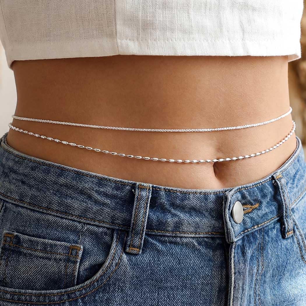 Wriidy Layered Silver Beaded Waist Chain Belly Chain Women Shiny Body Jewelry Accessories for Beach
