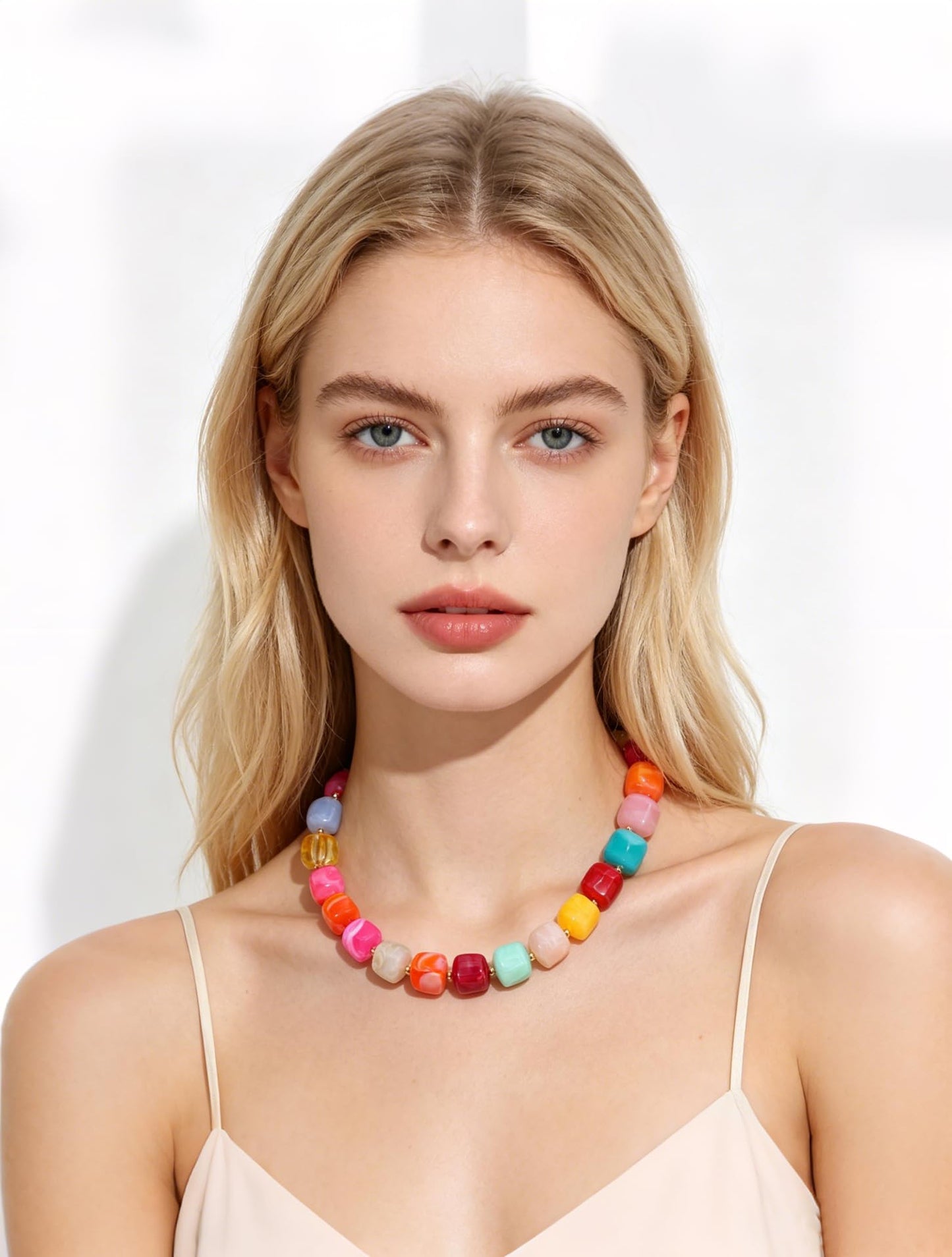 joymiao Resin Chunky Beaded Necklace for Women Colorful Rainbow Square Acrylic Beaded Necklace Statement Summer Jewelry