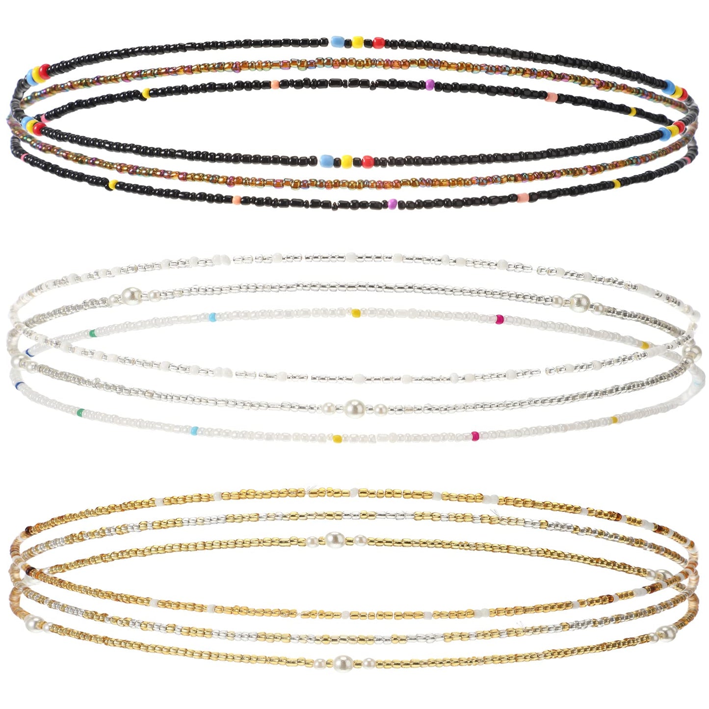 Kigeli 9 Pack Waist Bead Chains for Women Stretchy African Belly Chain Stomach Beads Body Bikini Jewelry (Clear, Black, Gold)