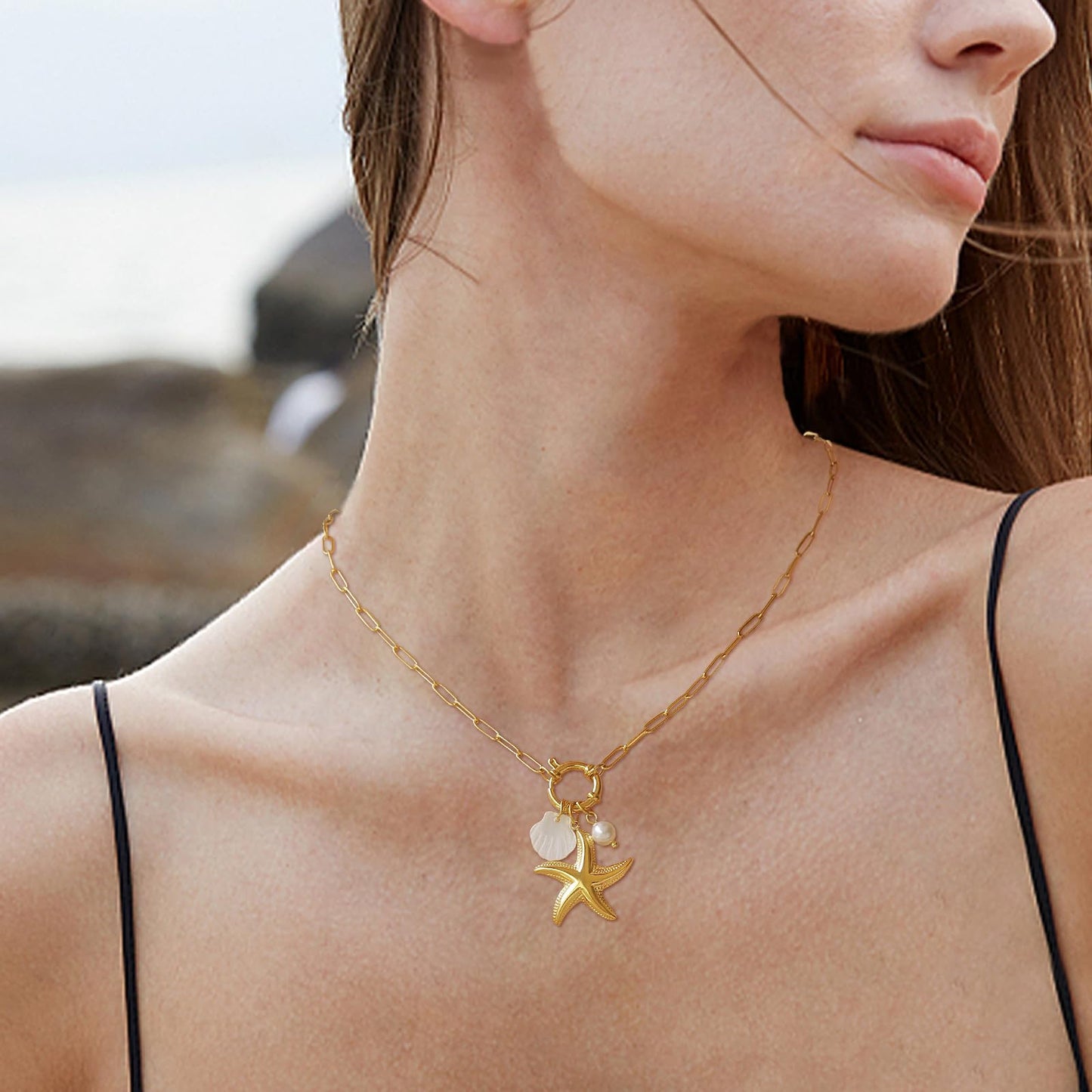 Biuwos Summer Necklace for Women Metal Starfish Seashell Pendant Necklace Vacation Beach Jewelry