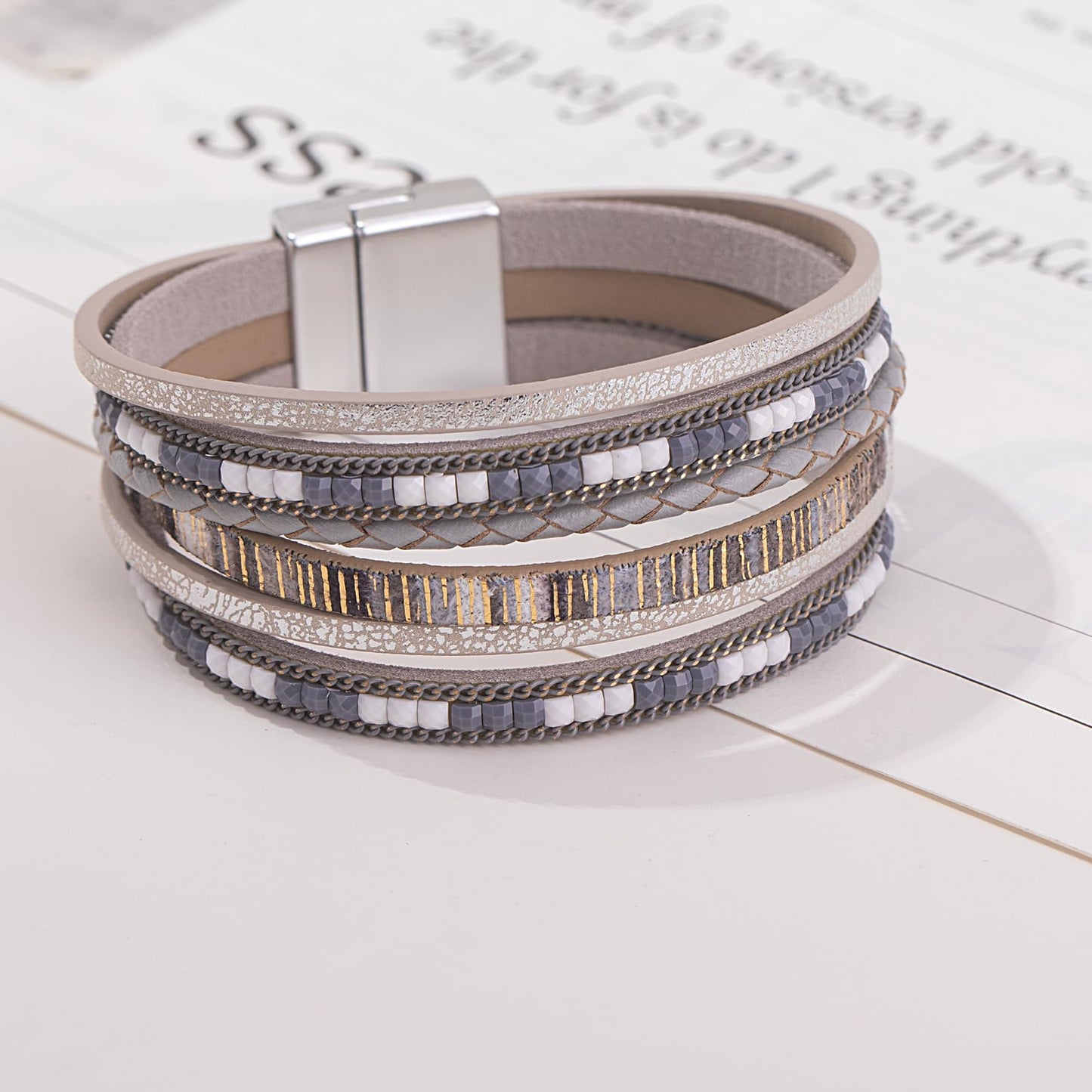 FANCY SHINY Boho Leather Wrap Bracelets Trendy Layered Bracelets with Magnetic Clasp Strackable Bohemian Cuff Jewelry Gifts for Women(Grey)