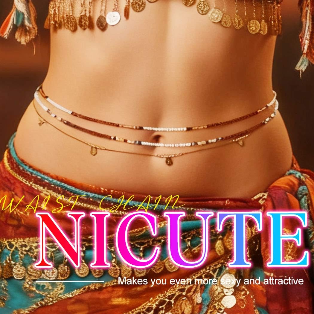 Nicute Boho Beads Belly Chain Layered Waist Chain Beach African Bikini Body Accessory for Women