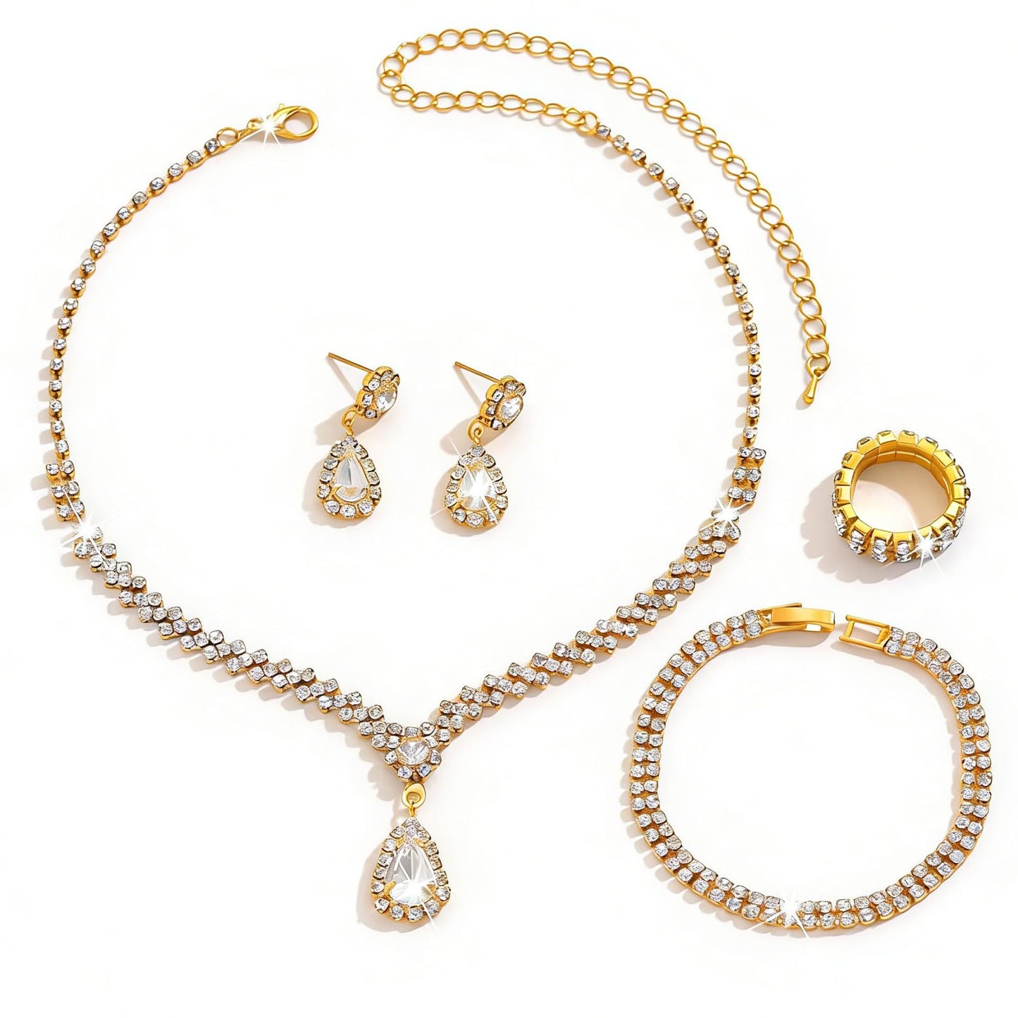 IS4U Rhinestone Water Drop Set for Women Bridal Wedding Vintage Colourful Crystal Zircon Statement Necklace Ring Earrings Bracelet Set Party Dress Ball Fashion Jewellery (Gold)