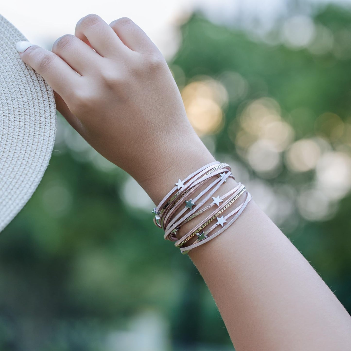 FANCY SHINY Leather Wrap Star Bracelet Boho Bangle Bracelets for Women Trendy Stackable Cute Star Bracelet with Magnetic Clasp(Rosy Metallic)