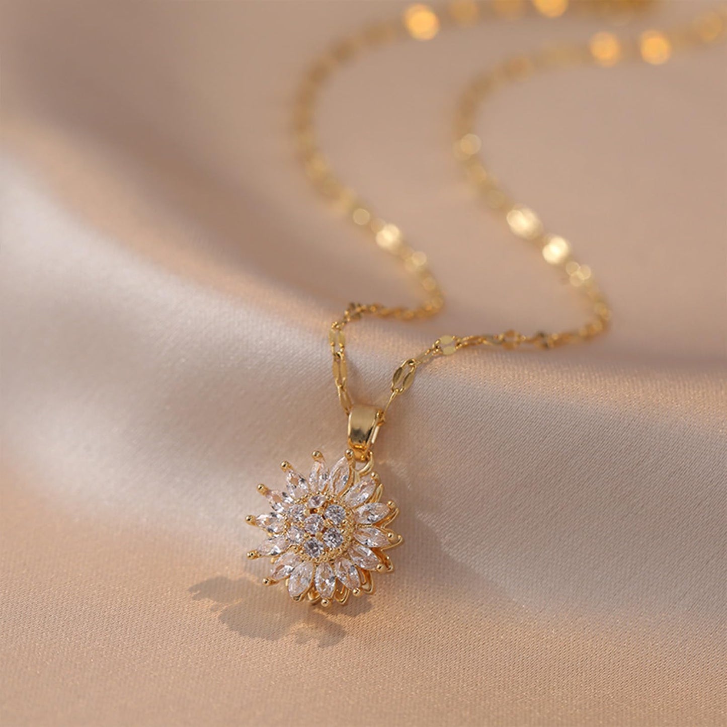 KONPJE Sunflower Fidget Necklace for Women Gold Moon Necklace Rotating Heart Necklaces Spinning Crystal Sunflower Anxiety Necklaces Crescent Moons Jewelry Accessories (Sun)