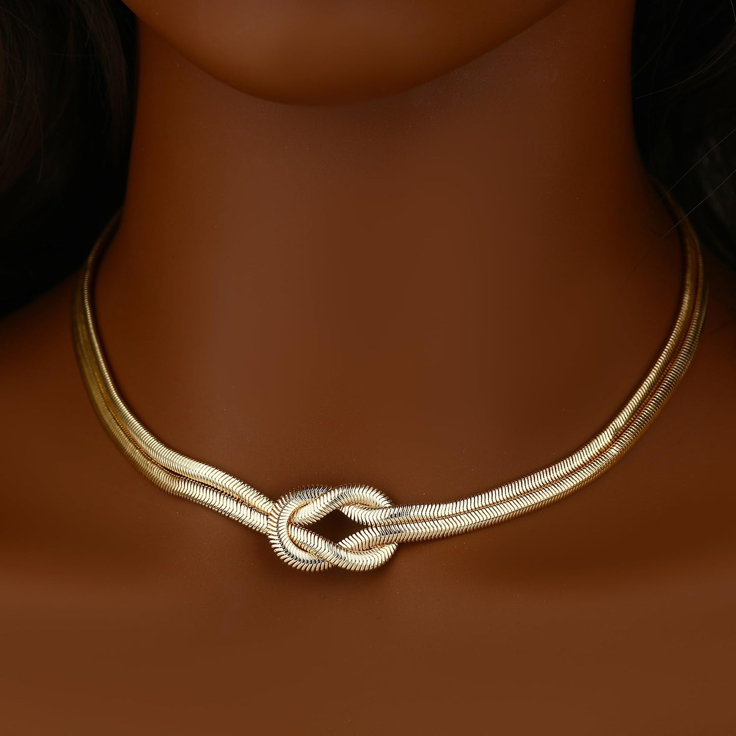 BONJOULRY Chunky Gold Knot Choker Necklace for Women Herringbone 14K Gold Plated Simple Choker Necklace Snake Chain Design Hypoallergenic Chunky Women's Snake Chain Necklaces