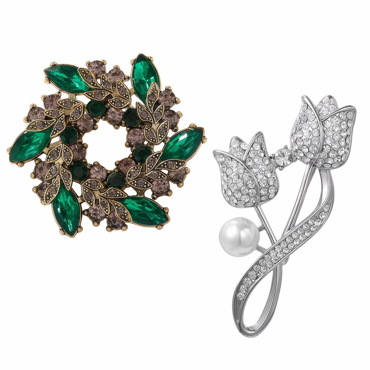 Yaximhozz 2pcs Rhinestone Brooch Pin for Women Dress Elegant Stylish Crystal Brooches Fashion Accessories Pins Lapel Boutonniere Ideas Wedding Christmas Birthday Jewelry Easter Gift (10 Green/Silver)