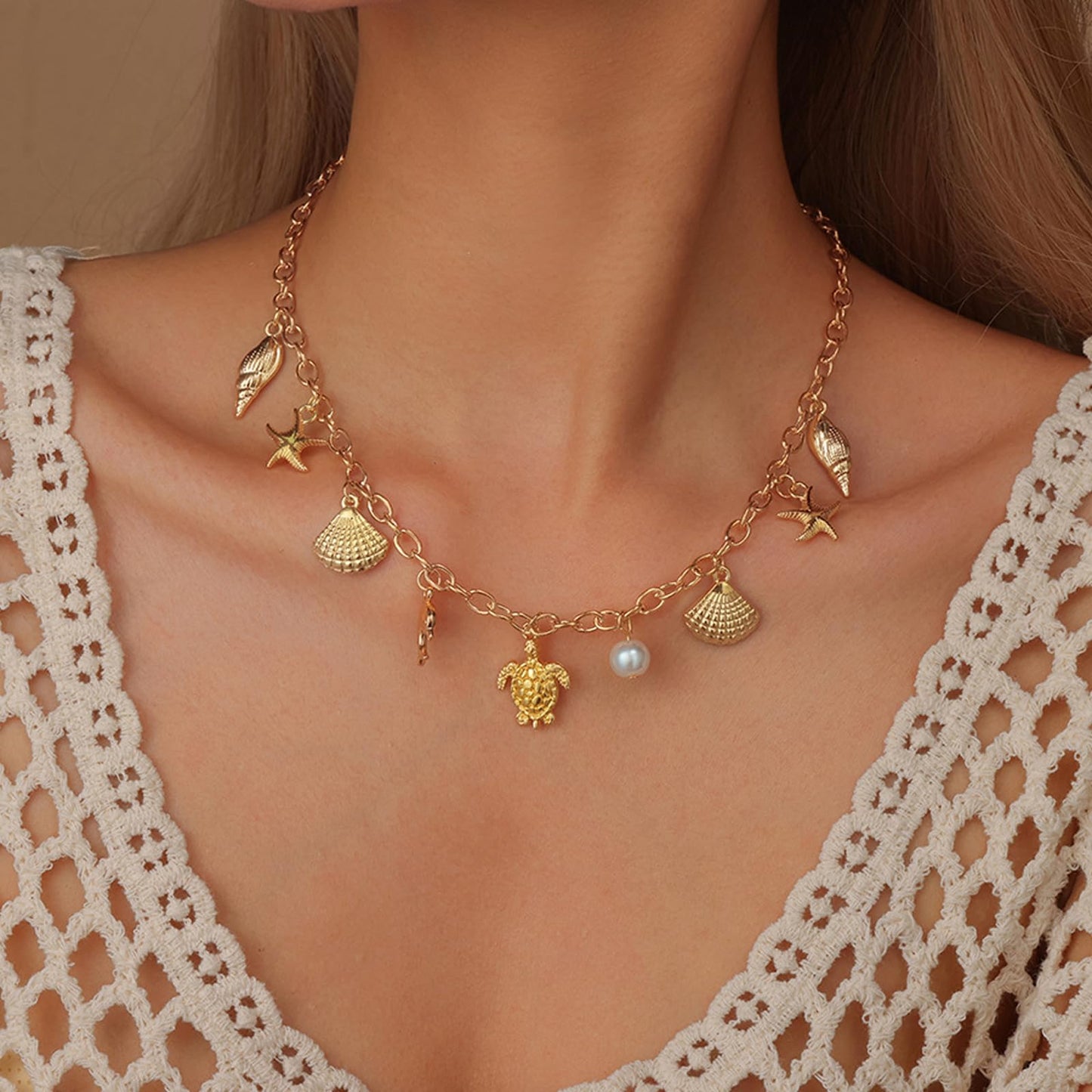 Seashell Charm Necklace for Women, Gold Starfish Beach Jewelry Coastal Vacation Outfits Accessories Summer Dresses Trendy 2026