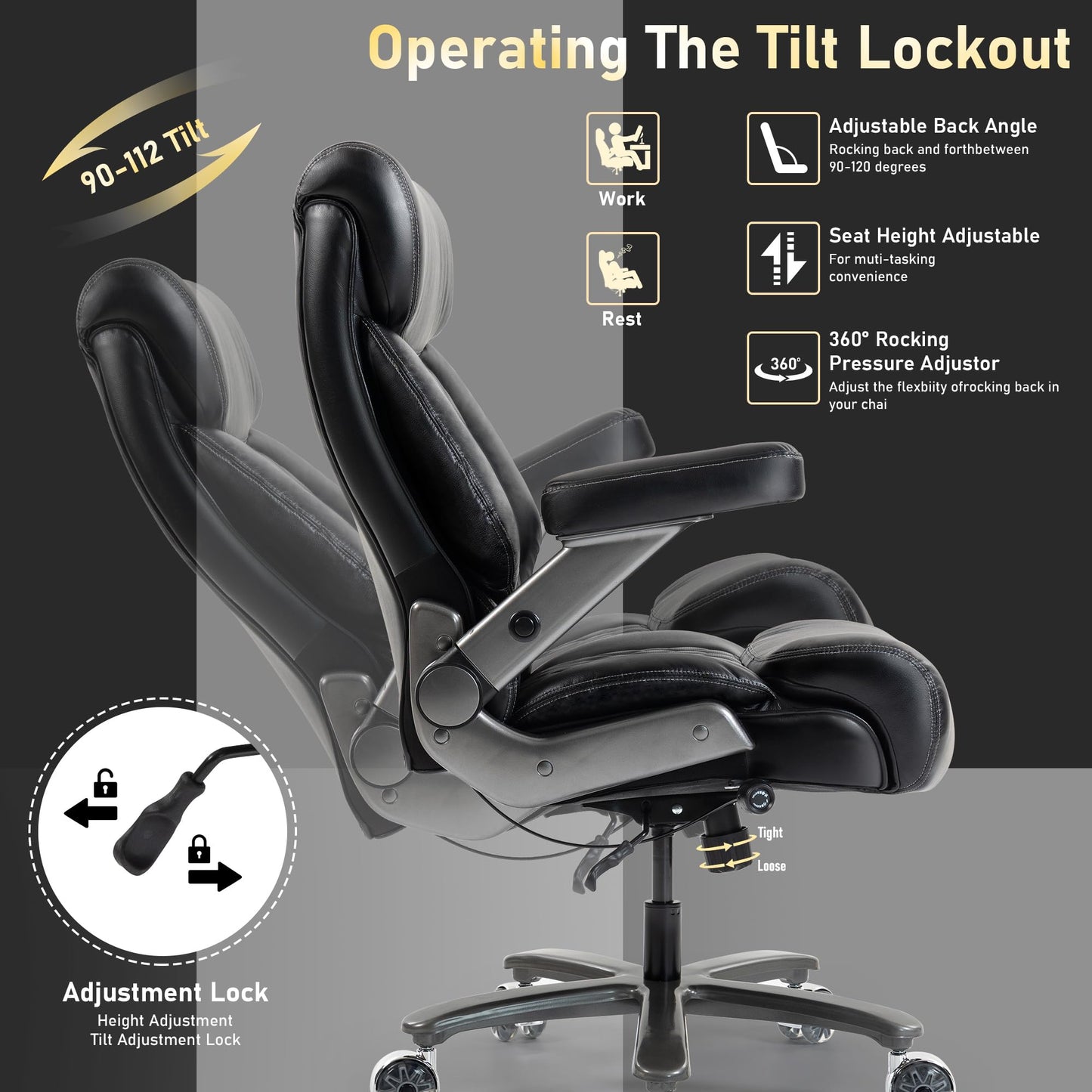 DYHOME 700LBS Heavy Duty Office Chair with 4D Armrest, Comfy Big and Tall Executive Office Desk Chair, Ergonomic Computer Chair with Pocket Spring Cushion & Lumbar Support, Dual Rubber Wheel (Black)