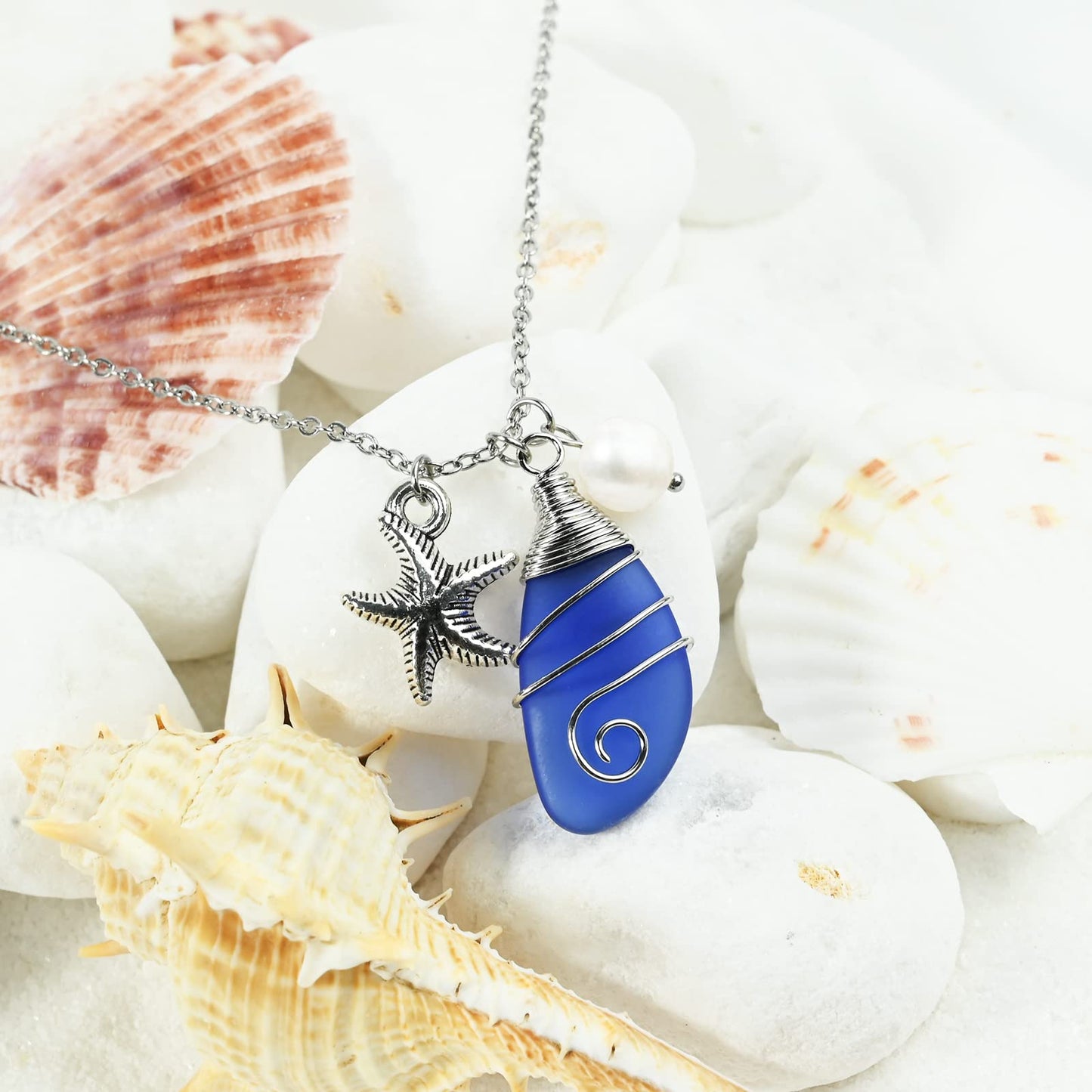 Sea Glass Necklace, Beach Jewelry for Women, Wire Wrapped Beach Necklaces with Starfish, Freshwater Pearls, Sea Glass Jewelry, Handmade Necklaces Gift for Women Girls