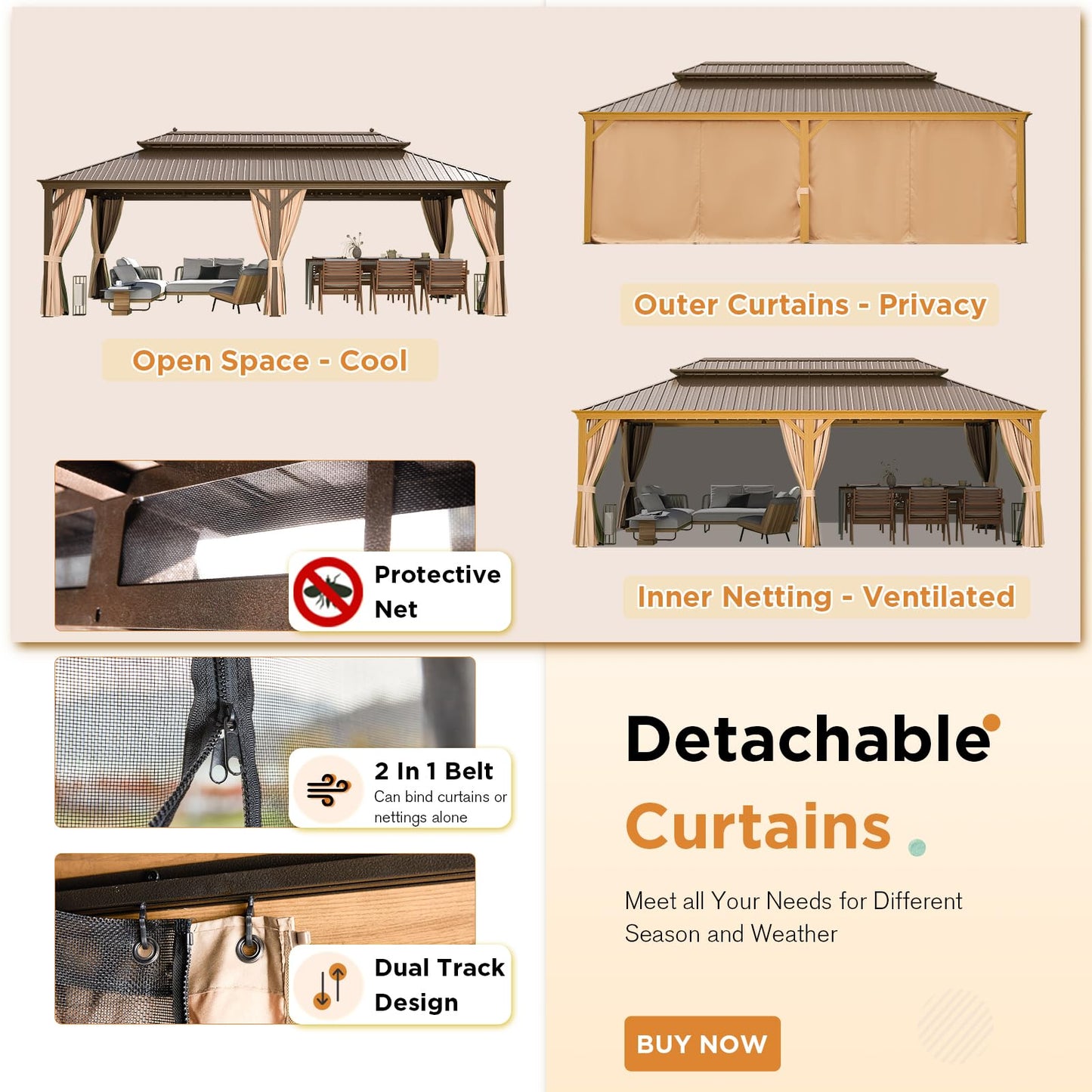 EROMMY 14'x24' Hardtop Gazebo, Galvanized Steel Double Roof with Wood-Looking Aluminum Frame, Outdoor Permanent Metal Pavilion with Curtains and Nettings for Patio, Backyard and Deck