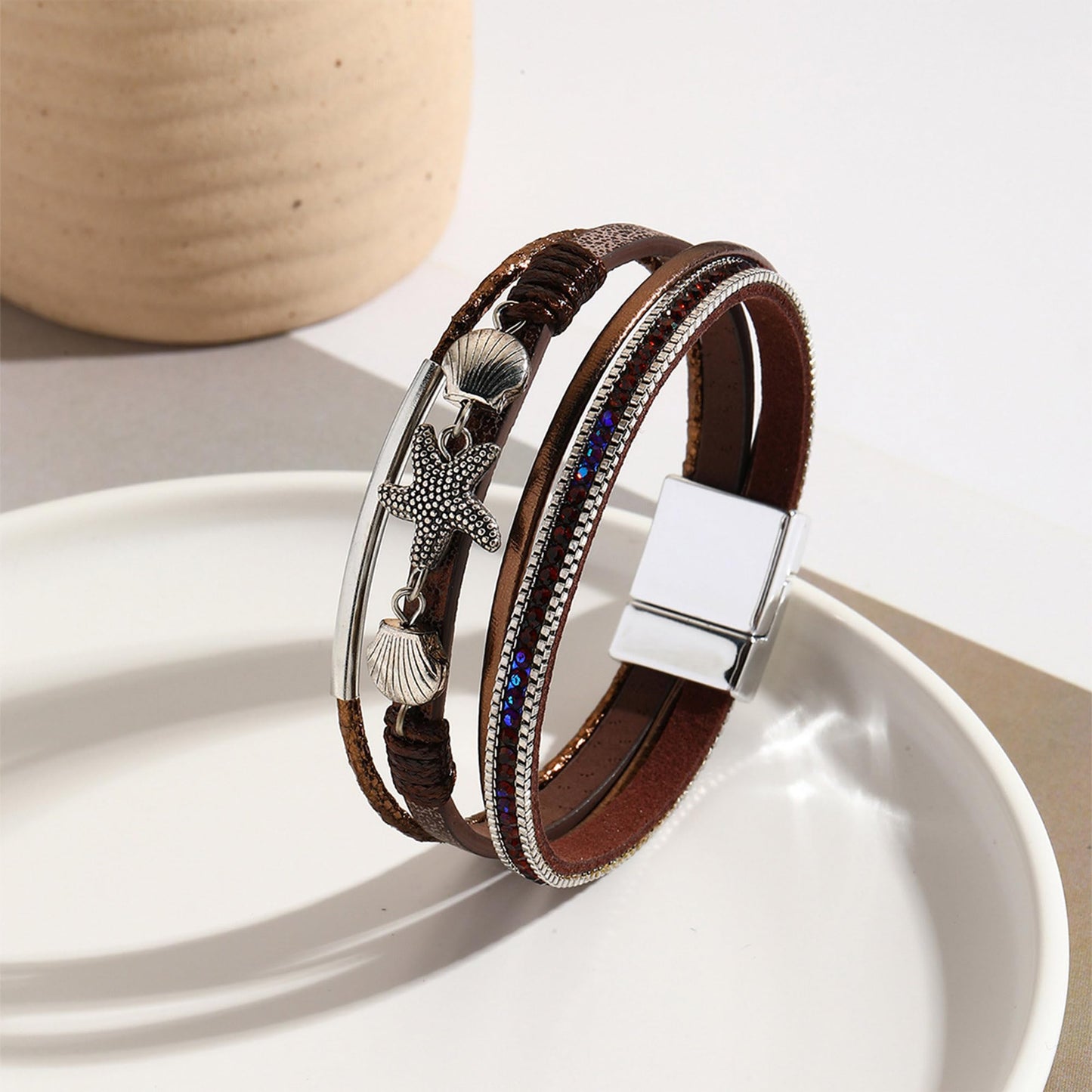 VIBILIA Boho Leather Wrap Bracelets for Women Shell starfish Multi-Layer Bracelets with Strong Clasp Jewelry for Women-Coffee