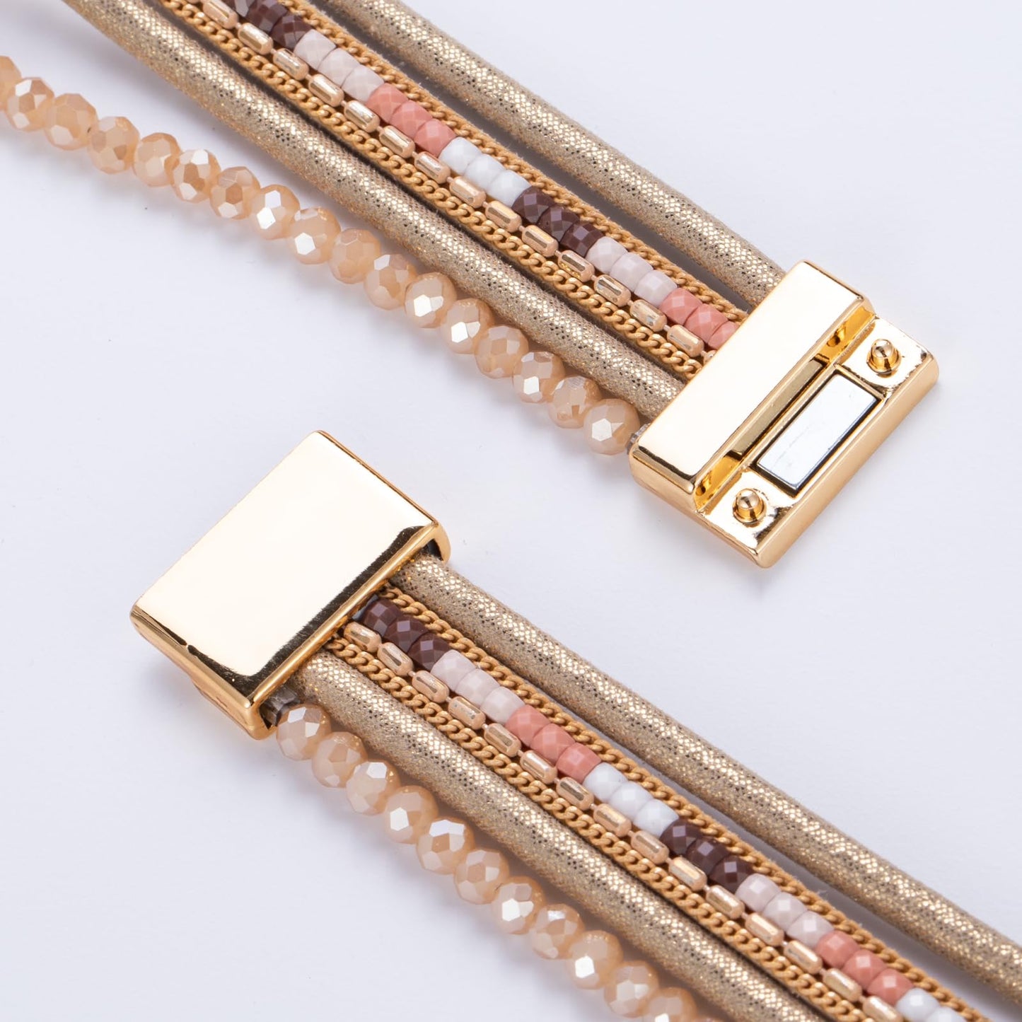 FANCY SHINY Leather Wrap Bracelets Crystal Beads Bracelet Boho Cuff Stone Charm Bracelets with Clasp Costume Jewelry for Women(Cream)