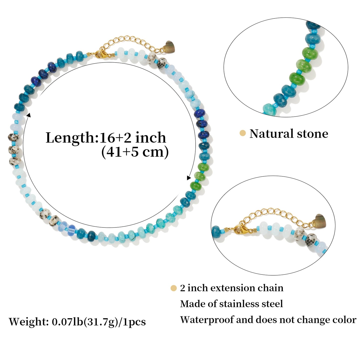 Gemstone Beaded Necklace for Women Colorful Natural Stone Freshwater Pearl Surfer Beach Rainbow Necklace Jewelry Gift (Blue)