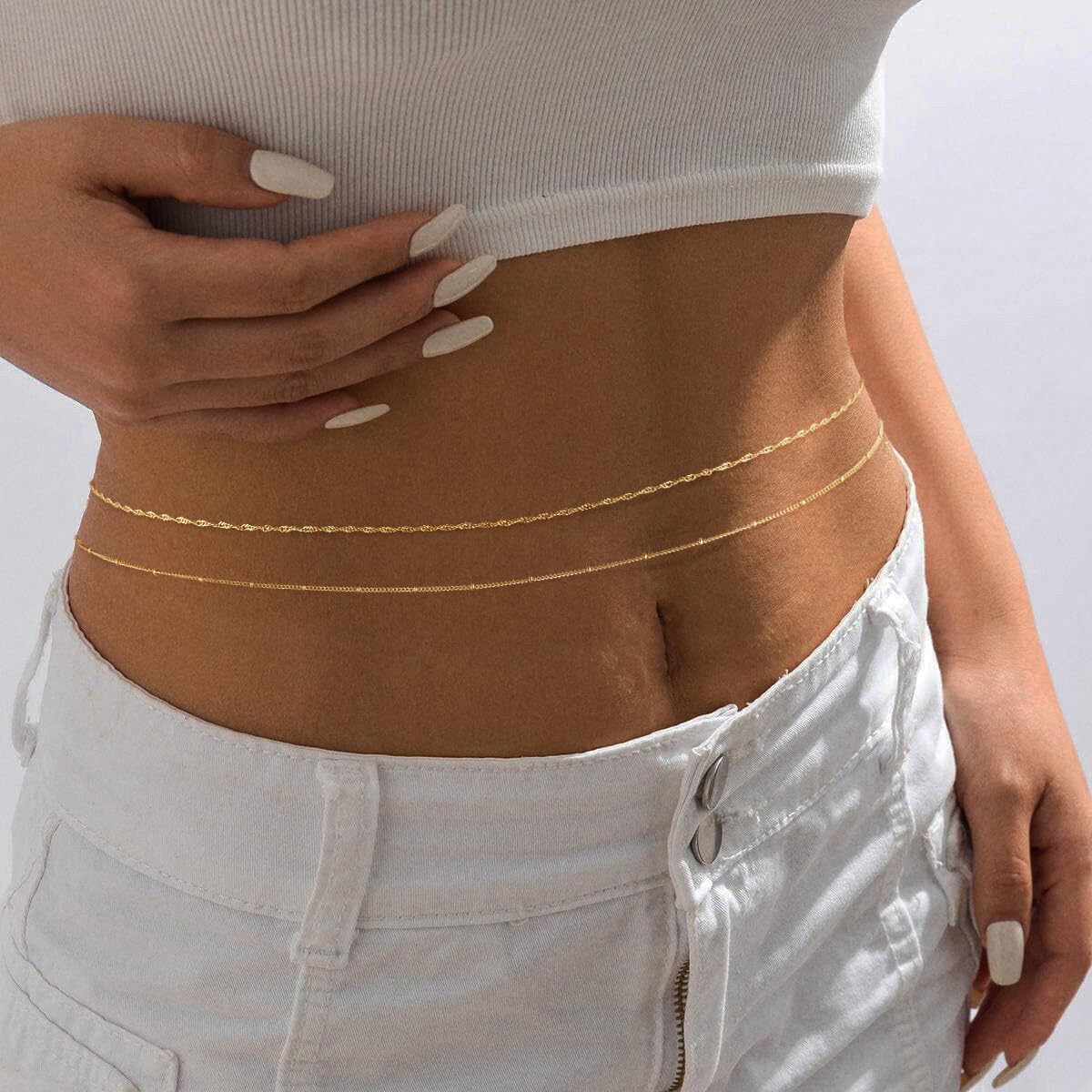 Sargetou Gold Waist Chain for Women Waterproof,14k Gold Plated Satellite Beaded Rope Body Jewelry Chains Sexy Bikini 2PCS Belly Belt Beach Gift Adjustable 26.5-33Inch