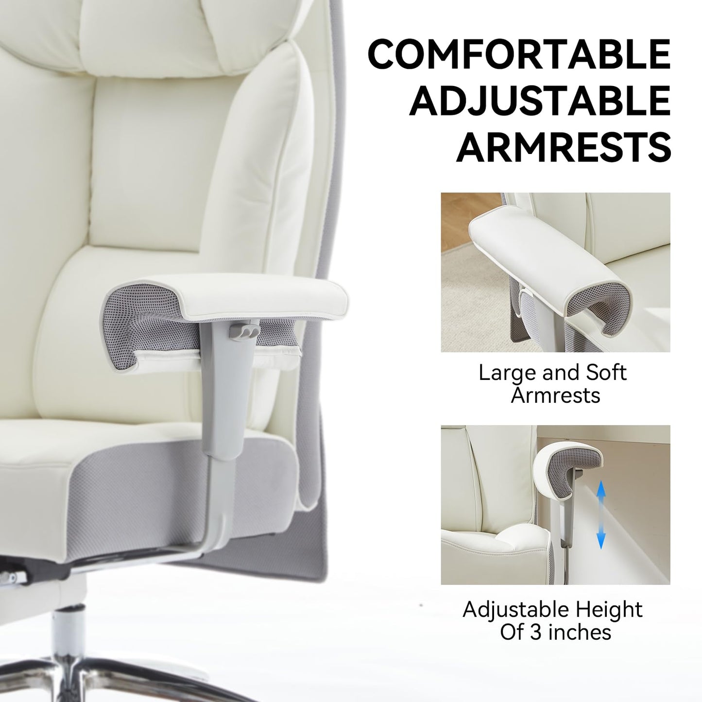Efomao Big and Tall Office Chair 400lbs - Heavy Duty Executive Desk Chair with Foot Rest & 23" Wide Seat - High Back Ergonomic Leather Computer Chair for Heavy People, Home Office, White