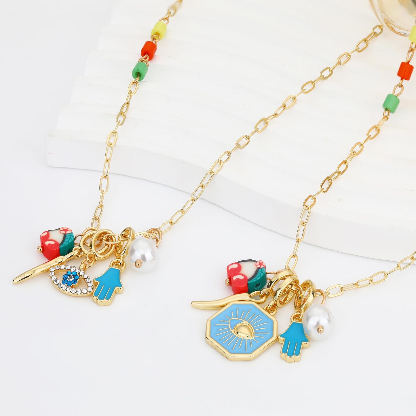 BONJOULRY Charm Necklace for Women Dainty Gold Evil Eye Pendant Protection Necklace Paperclip Chain Italian Horn Hamsa Hand Pearl Charms Necklaces Trendy Jewelry Tiny Eye