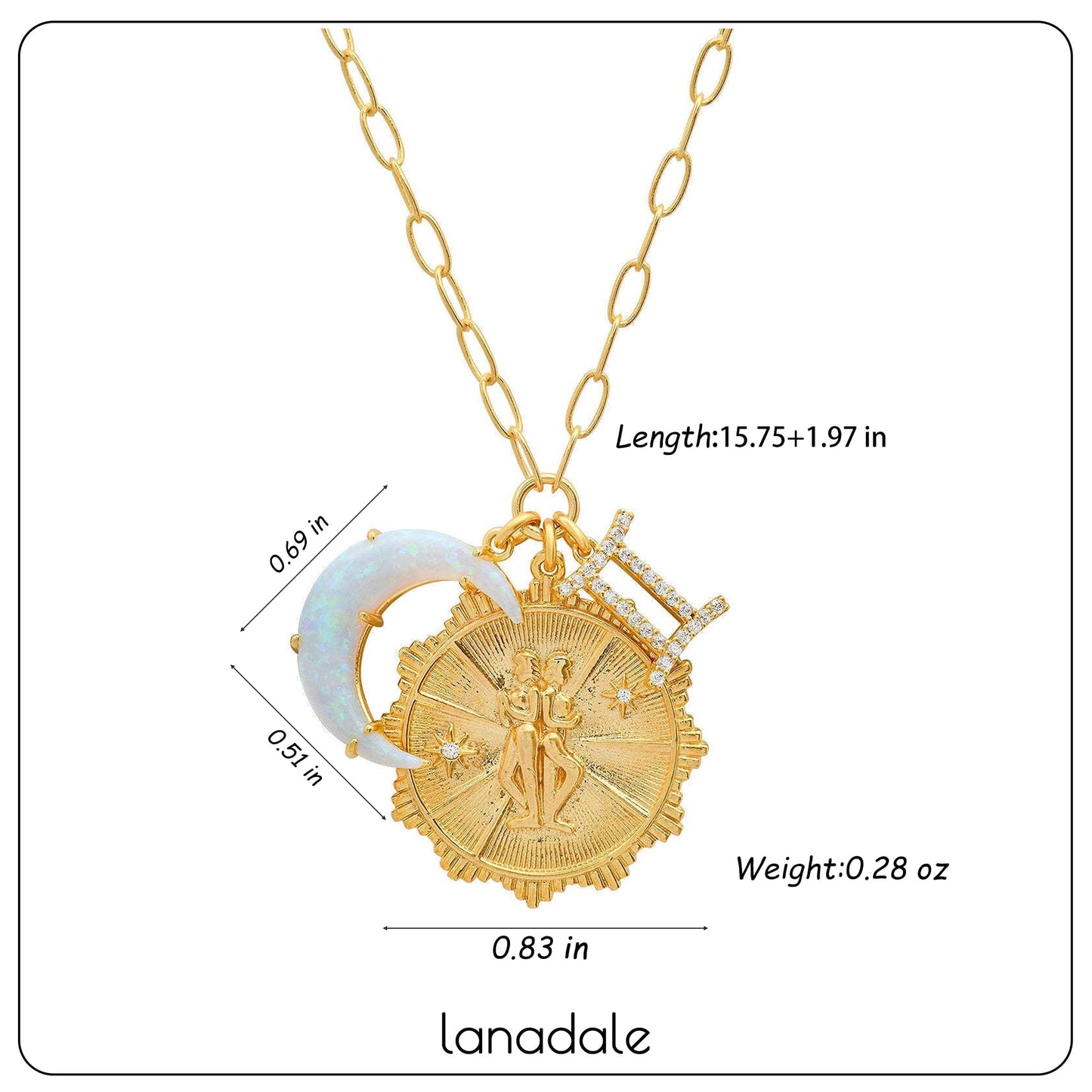 Lanadale Dainty Gold Gemini Zodiac Coin Opal Crescent Moon Charm Necklace for Women Trendy 18K Gold Plated Retro Paperclip Chain 12 Constellation Horoscope Necklaces Astrology Jewelry Gifts