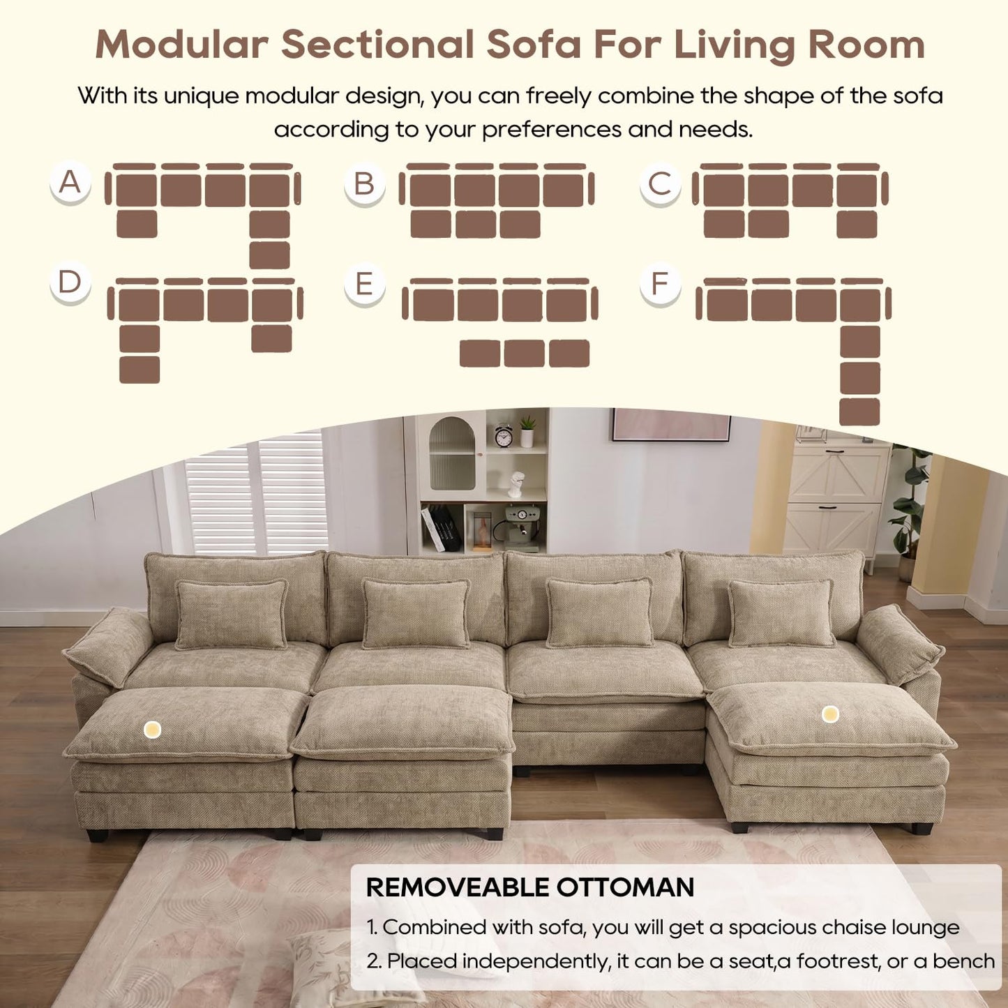 IPKIG 154" Modular Sectional Sofa, Chenille C-Shaped Sectional Couch Comfy Upholstered Seat Sofa with Ottoman, Deep Seat Cloud Couch Sofa for Living Room, Khaki