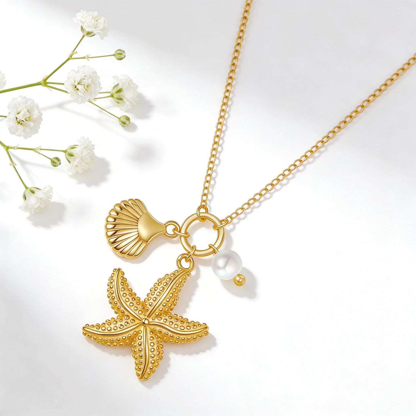 LUANIOL Starfish Necklace 18K Yellow Gold Plated Starfish Seashell Pendant Necklace Beachy Jewelry Gifts for Women