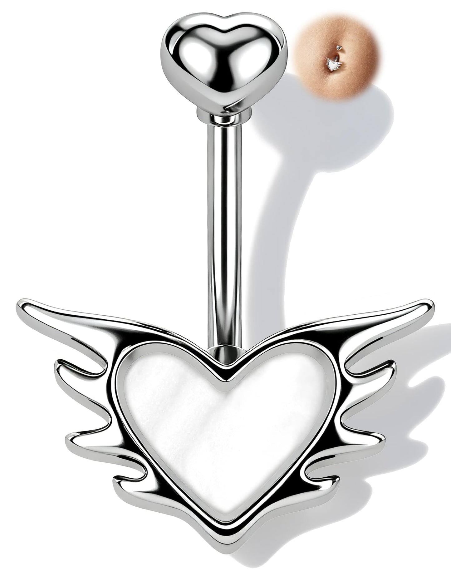 Melighting 14G Heart Belly Piercing, 316L Stainless Steel Belly Button Ring with Opal and Fire-Like Shape, 10 mm Navel Ring, Elegant Body Piercing Jewelry for Women