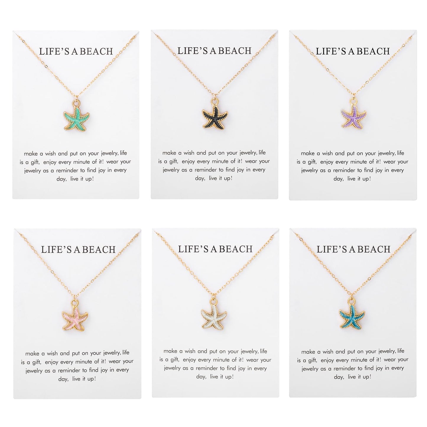 CIWEAI 6Pcs Gold Beach Starfish Necklace Set for Women Cute Beachy Hawaii Star Fish Bulk Necklaces Pack Trendy Hawaiian Friendship Matching Jewelry Accessories (Starfish-White-Card)