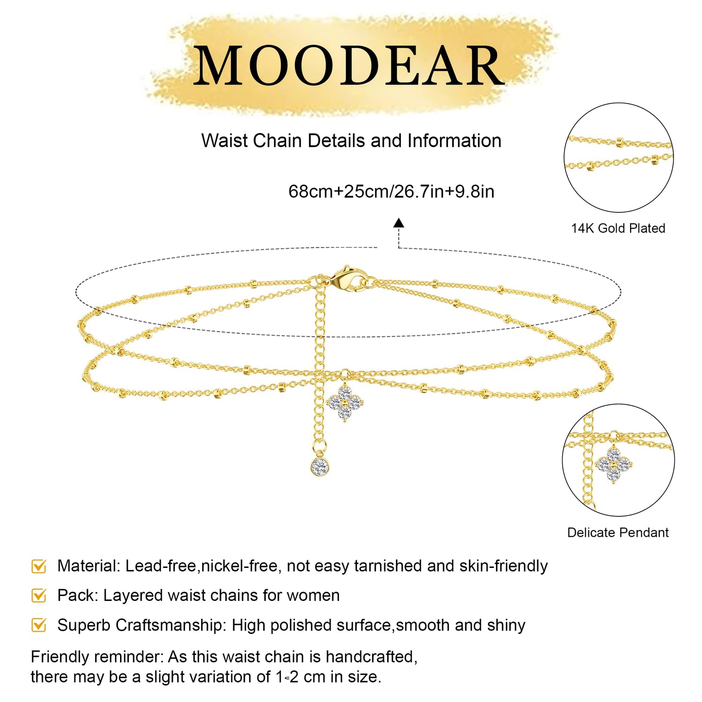 MOODEAR 14K Gold Plated Waist Chain for Women - Layered Non Tarnish Belly Chains Drop Cubic Zirconia Body Chain Waterproof Jewelry Sexy Bikini Belt Gift for Summer Beach