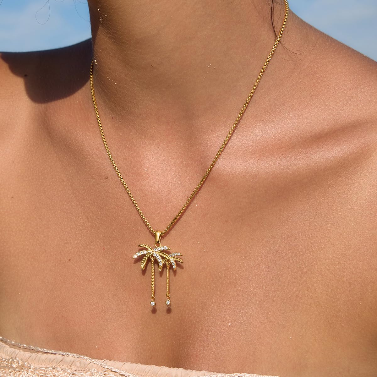 NUZON Summer Vacation Palm Tree Necklace for Women, 14K Real Gold Plated Stainless Steel CZ Coconut Tree Pendant Necklace, Dainty Tropical Beach Jewelry, Everyday Layered Chain Necklace Gift Adjustable 18"