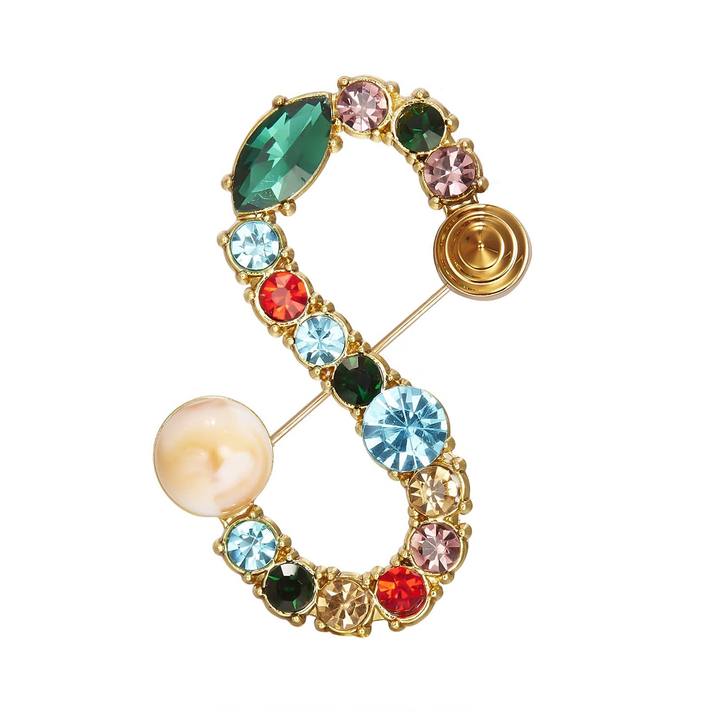 RINHOO Crystal Pearl Initial Brooch Gold Plated Enamel Colorful Letter Alphabet Breastpin Pin Jewelry for GIFTS (Gold S)