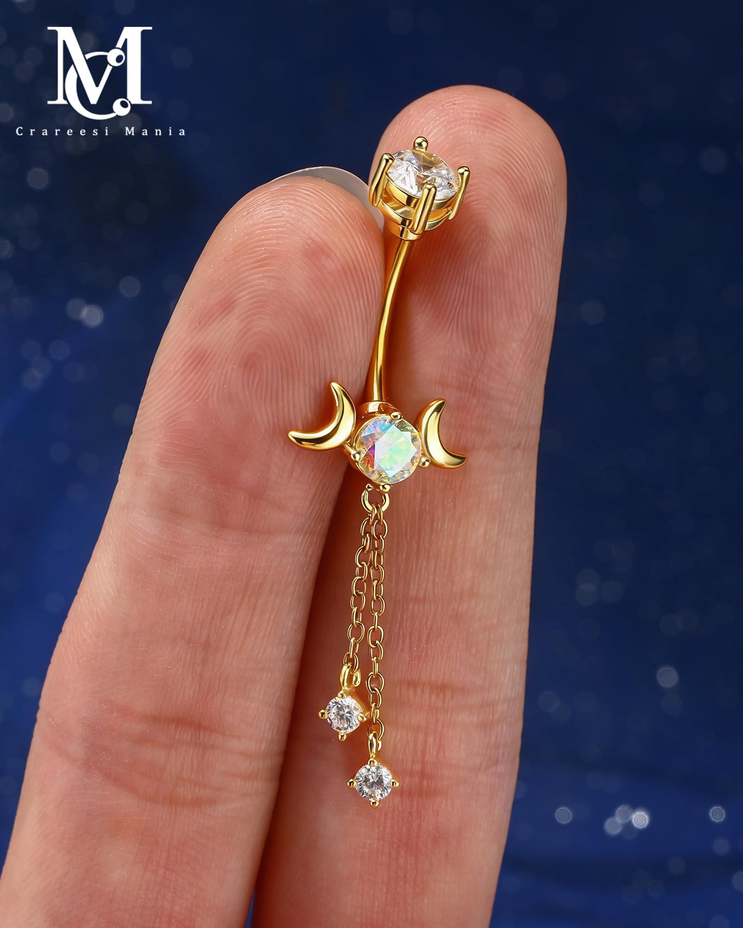 CM Crareesi Mania Dangle Belly Button Rings 14G Dangle Chain Belly Rings Moon Phase 316L Surgical Steel Gold Belly Piercing Jewelry for Women
