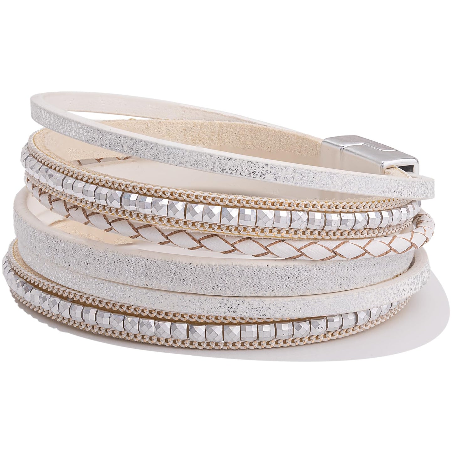 FANCY SHINY Boho Leather Wrap Bracelets Trendy Layered Bracelets with Magnetic Clasp Strackable Bohemian Cuff Jewelry Gifts for Women(White)