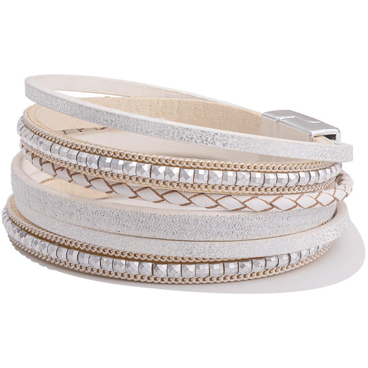 FANCY SHINY Boho Leather Wrap Bracelets Trendy Layered Bracelets with Magnetic Clasp Strackable Bohemian Cuff Jewelry Gifts for Women(White)