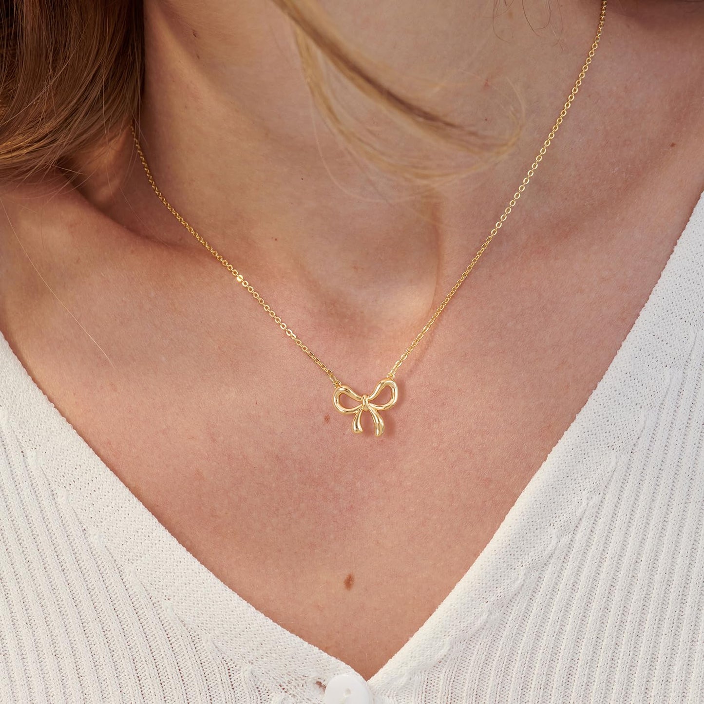 BSGRL Gold Necklace for Women- 14K Gold Plated Dainty Bow Necklace Cute 16.5"+2"