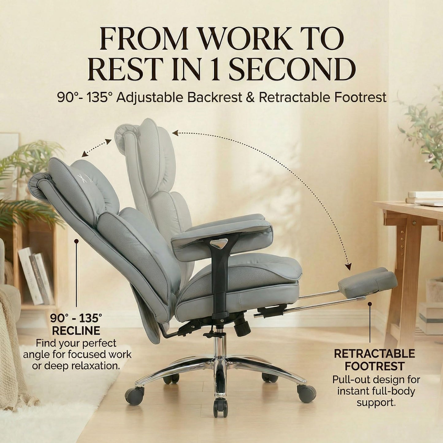 Efomao Big & Tall Executive Office Chair with Footrest - 400lbs Heavy Duty High Back PU Leather Desk Chair, Modern Ergonomic Reclining Computer Chair, Grey
