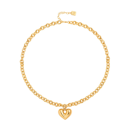 PEARLADA Chunky Gold Plated Heart Necklace for Women, Y2K Statement Necklace with Puffy Heart Pendant, Trendy Thick Gold Plated Chain Jewelry Adjustable