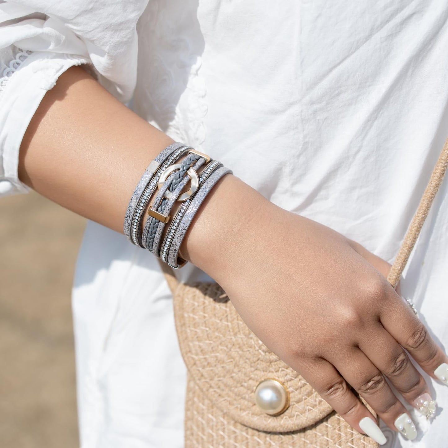 FANCY SHINY Boho Leather Wrap Bracelets Circle Square Bead Braided Handmade Stackable Bracelet Trendy Cuff Bangle for Women(Grey)