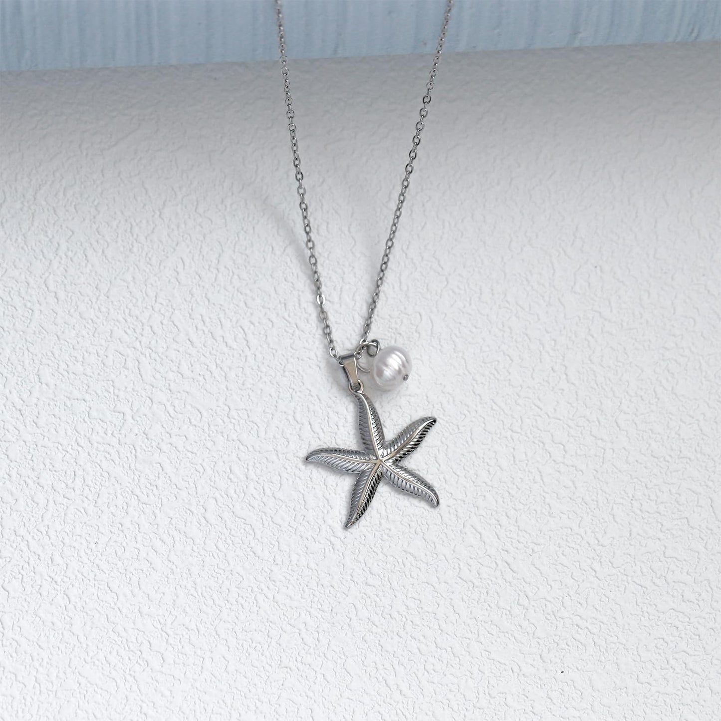 Starfish and Fresh Water Pearl Necklace for Women,Stainless Steel Ocean Theme Hypoallergenic Coastal Jewelry