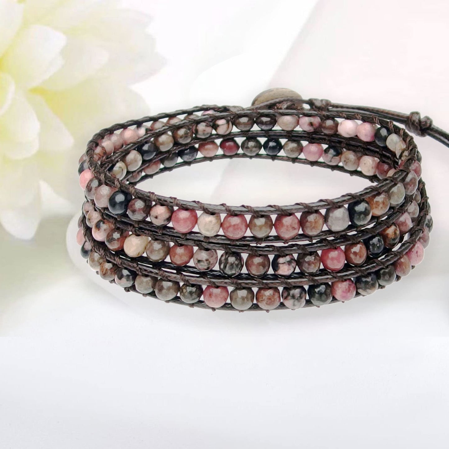 Ayriwoyi Beaded Wrap Bracelet Wrap Bracelets for Women Natural Rhodonite Stone Beads Adjustable Bohemian Bracelet Handmade Jewelry Gifts for Women