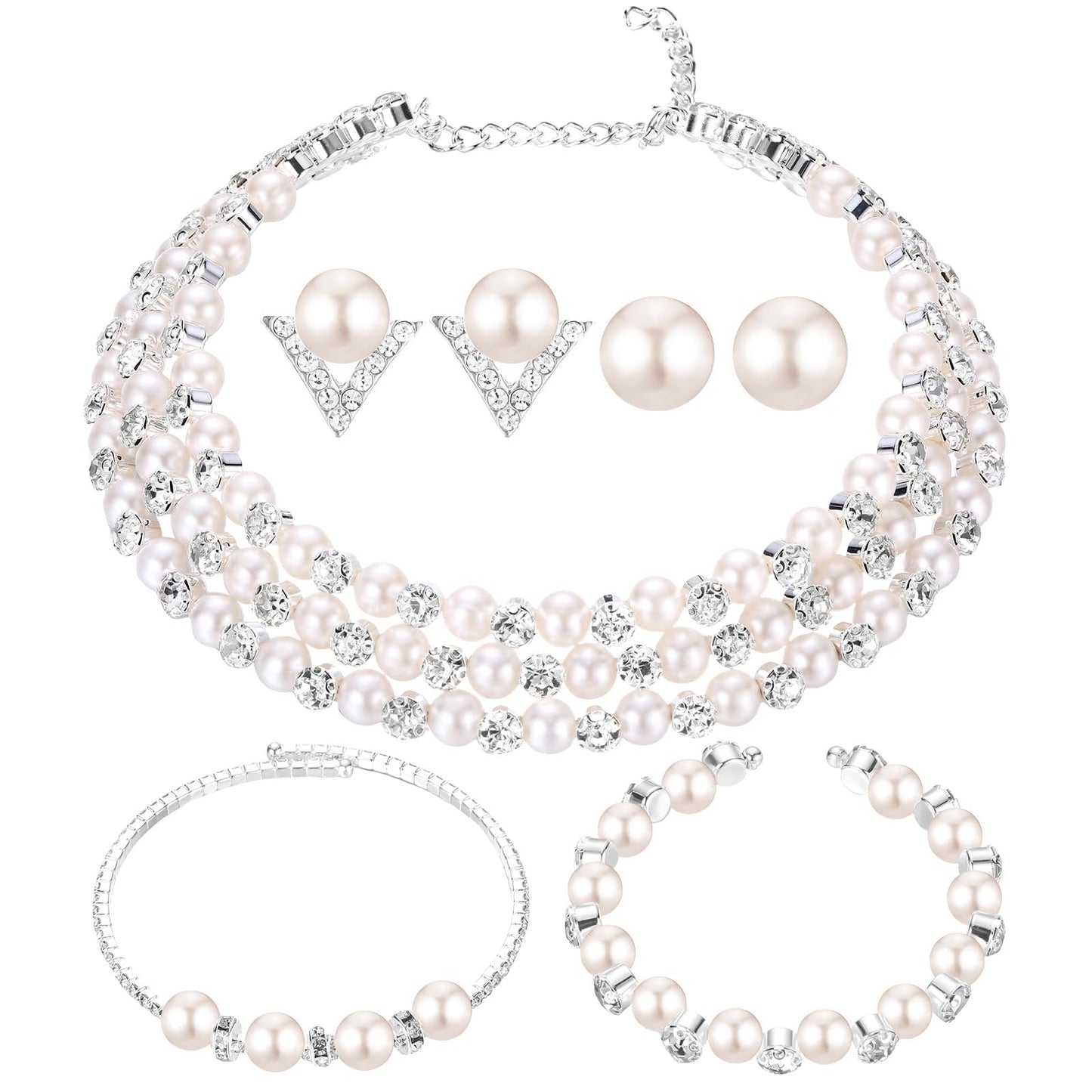 Glenmal Pearl Rhinestone Jewelry Set for Women Pearl Necklace Bracelet Earrings for Wedding Birthday Bridal Shower Tea Party(Exquisite Style)