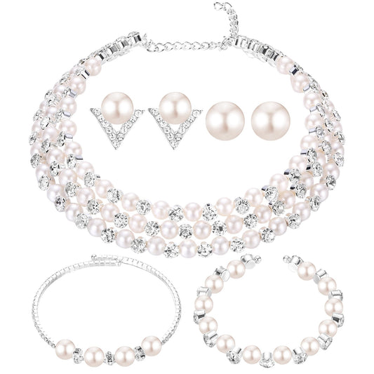 Glenmal Pearl Rhinestone Jewelry Set for Women Pearl Necklace Bracelet Earrings for Wedding Birthday Bridal Shower Tea Party(Exquisite Style)