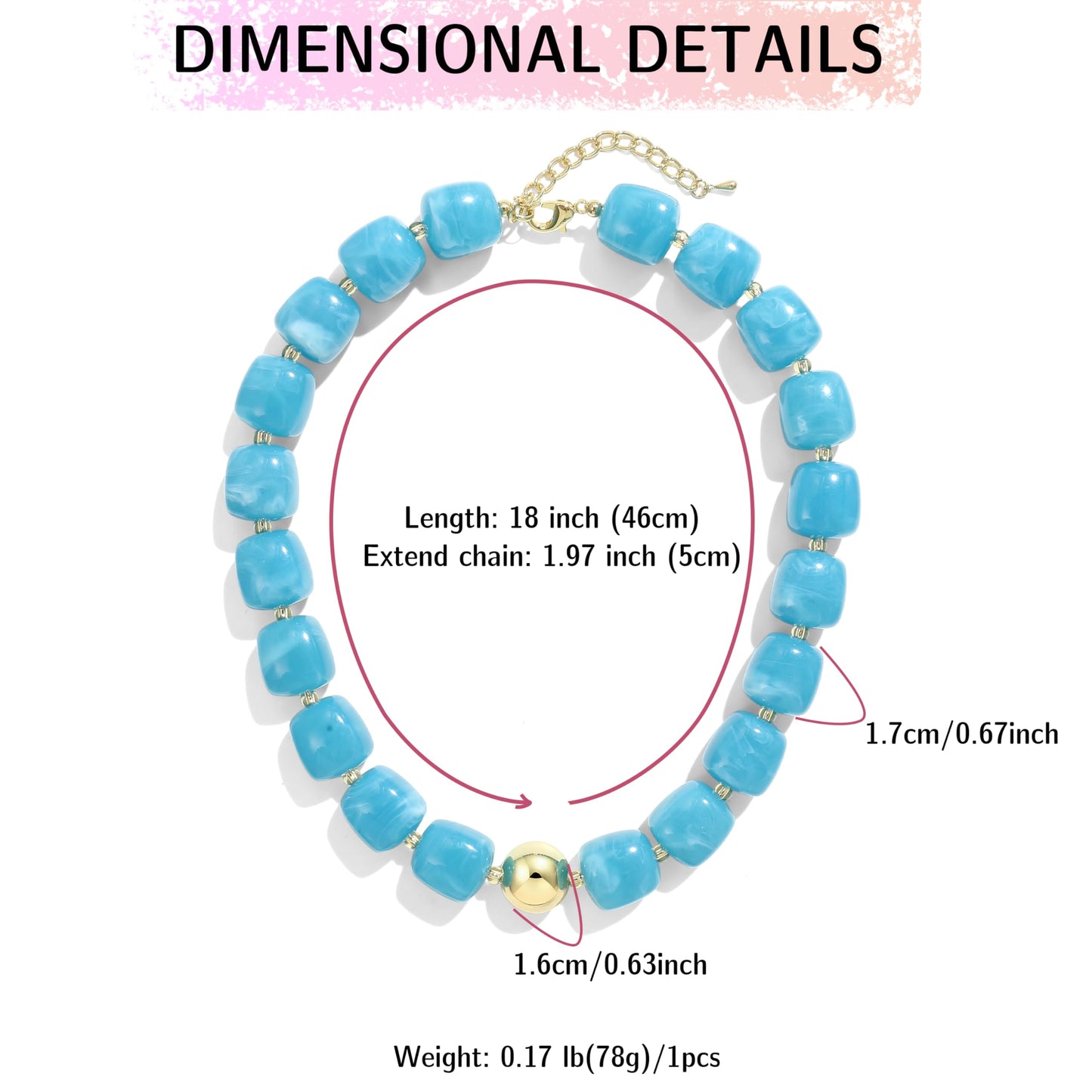 BREPINE Light Blue Chunky Necklaces for Women Multicolored Large Square Resin Beads Necklace Trendy Bold Statement Beaded Summer Candy jelly Vacation Choker