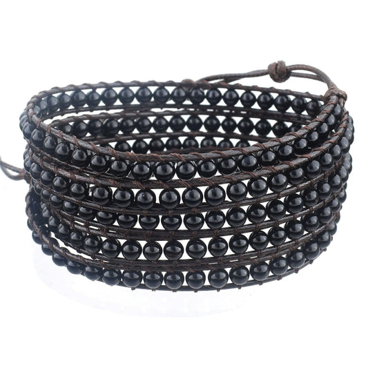 Ayriwoyi Black Onyx Bracelet Beaded Wrap Bracelets for Women Men Natural Stone Agate Bracelet Leather Wrap Adjustable Boho Bracelets