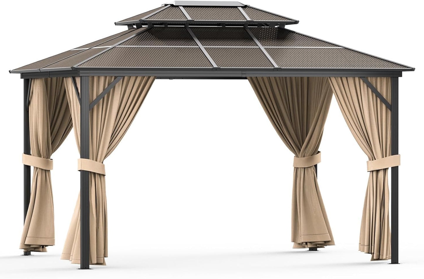13'X10' Hardtop Gazebo, All-Weather Aluminum Frame Outdoor Canopy with Double Polycarbonate Roof, Permanent Outdoor Gazebo with Netting & Curtains for Garden, Lawns, Patio, Khaki.