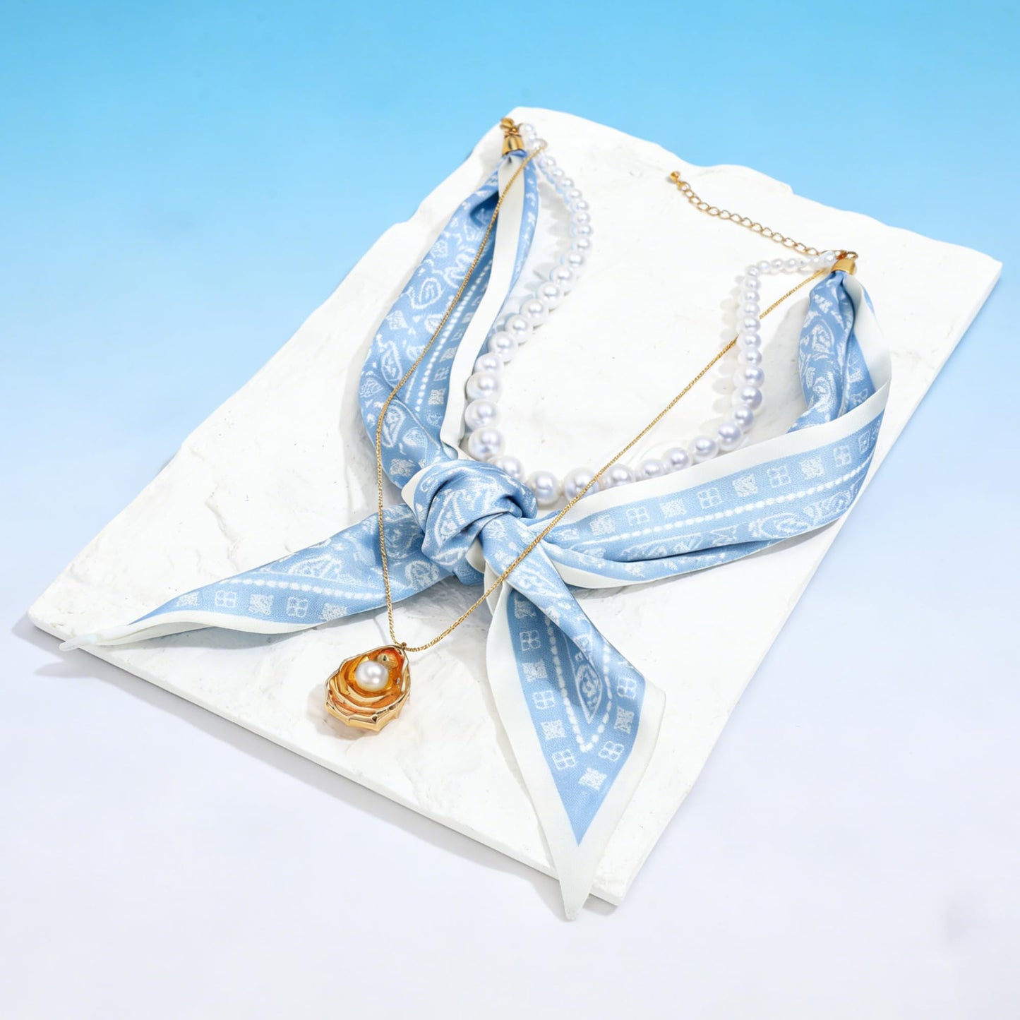 ENSKEFEN Chunky Statement Three-Layer Necklaces for Women Trendy Boho Scarf Necklace with Pearl Choker Gold Shell Pendant Necklace Summer Beach Jewelry