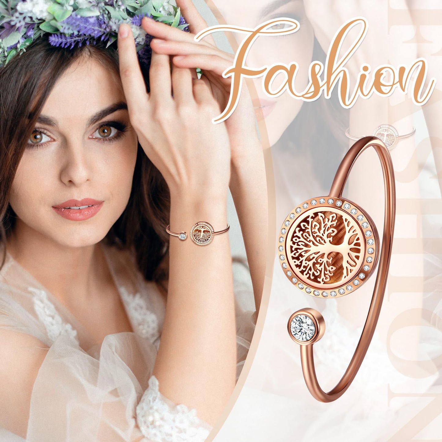 Cupimatch Essential Oil Diffuser Bracelet: Tree of Life Stainless Steel Aromatherapy Bracelets Adjustable with 10 Color Pads Jewelry Gift Set for Women for Mothers Day