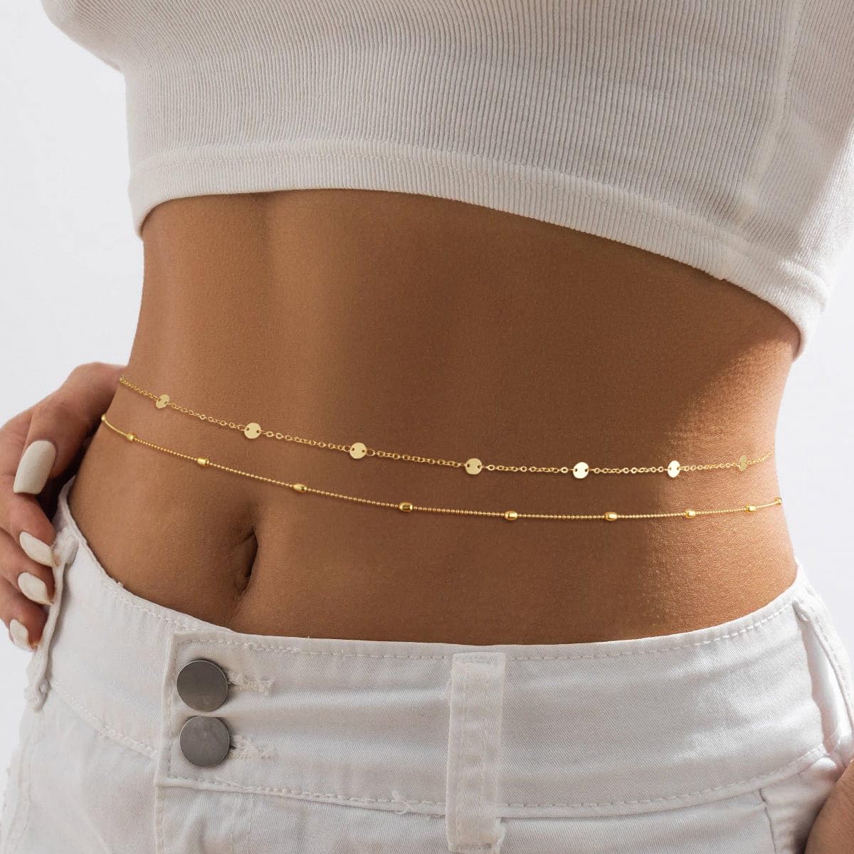 Sargetou Gold Waist Chain for Women Waterproof,14k Gold Plated Beaded Sequin Body Jewelry Chains Sexy Bikini 2PCS Belly Belt Beach Summer Gift Adjustable 26.5-33Inch