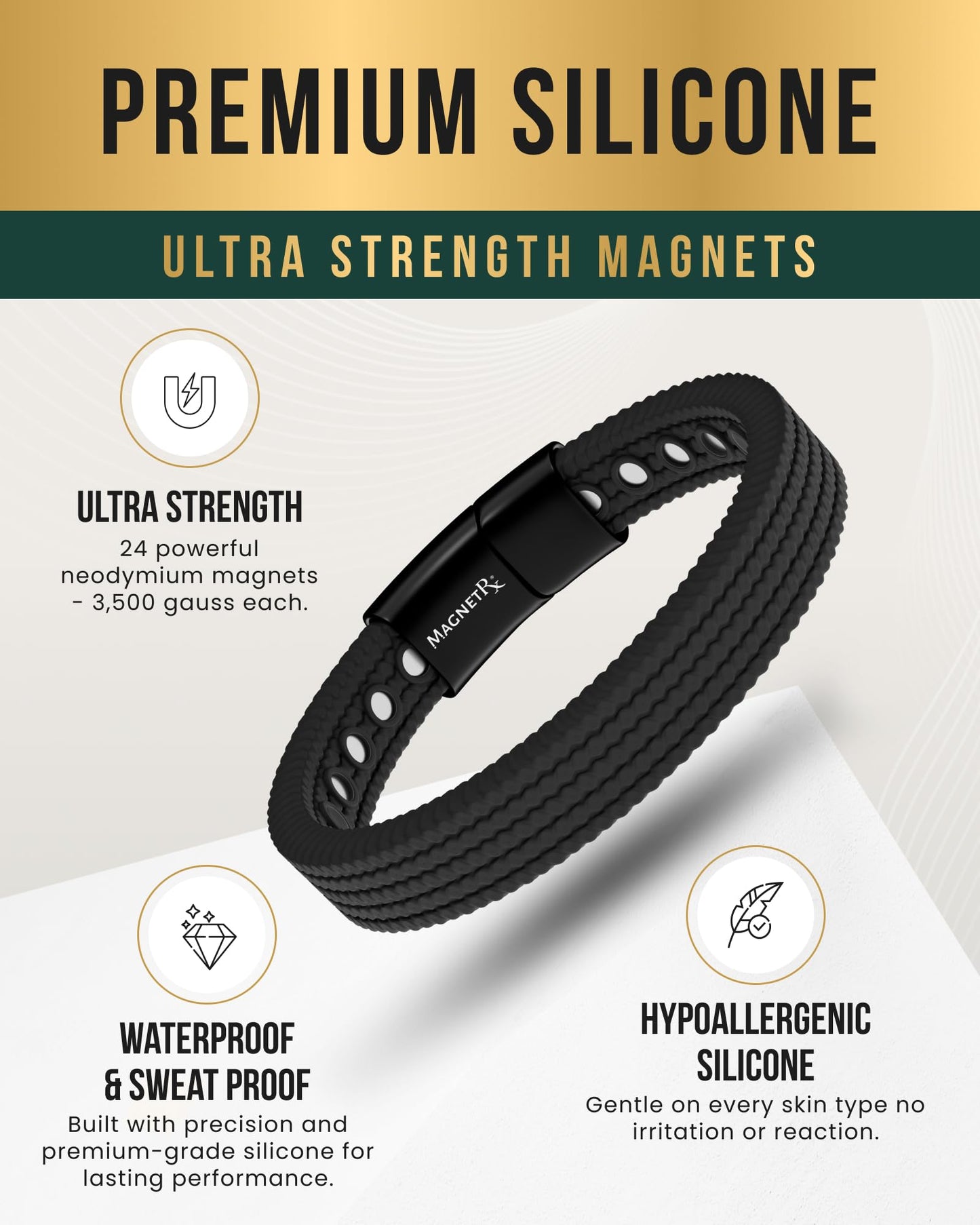 MagnetRX® Magnetic Sports Bracelet for Men – Ultra Strength Magnetic Balance Bracelet for Men & Women with Adjustable Clasp – Waterproof & Sweatproof Silicone Golf Bracelets for Everyday Wear
