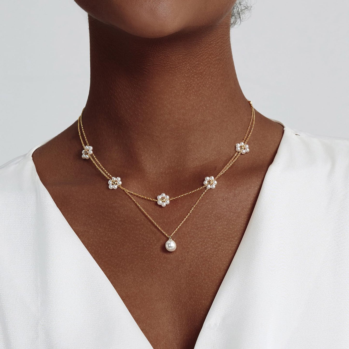 OGD Layered Gold Pearl Necklaces 14K Gold Plated Dainty Layered Single Simple Pearl Choker Chain Cute Daisy Pearls Choker Necklace Set Flower Necklaces for Women Trendy Jewelry Gifts